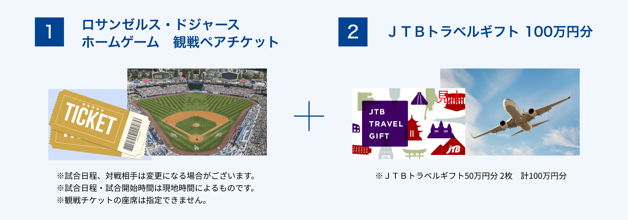 1 ロサンゼルス・ドジャース ホームゲーム 観戦ペアチケット ※試合日程、対戦相手は変更になる場合がございます。※試合日程・試合開始時間は現地時間によるものです。※観戦チケットの座席は指定できません。2 JTBトラベルギフト 100万円分 ※50万円分のJTBトラベルギフト2枚 計100万円分
