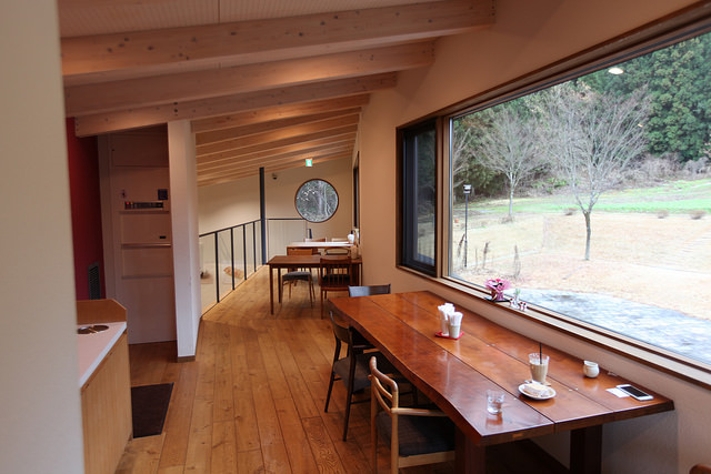 Cafe seating upstairs at Satoya. Beautiful views of nature from these windows!